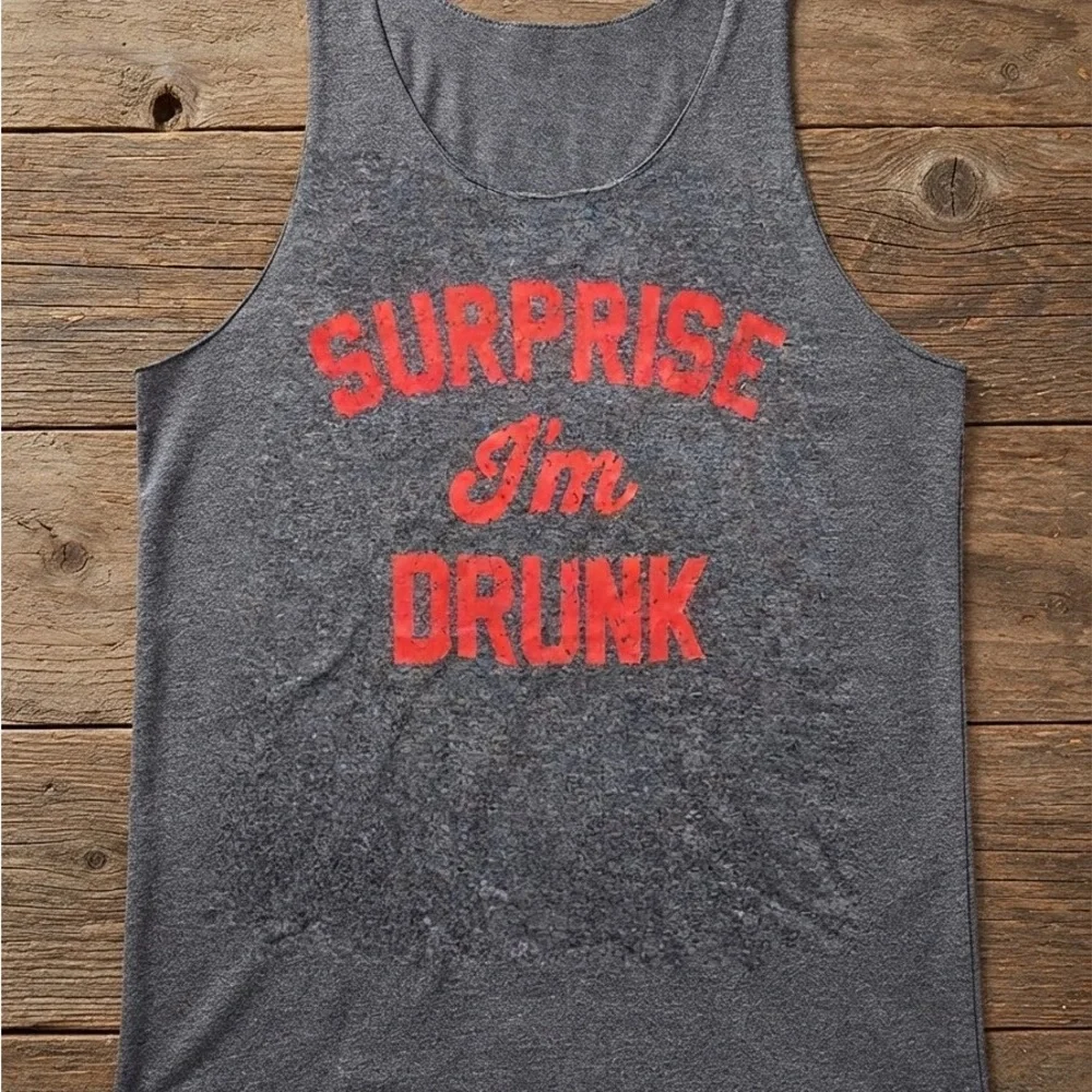 Gray Racerback Tank Top XL with Red 'Surprise I'm Drunk' Graphic